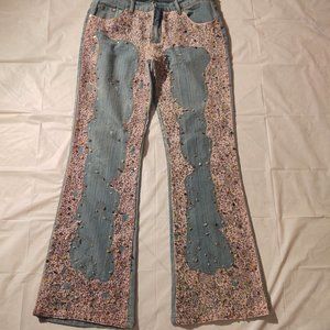Denim and Pink Lace Stretch Boot Cut Mid Rise Jeans